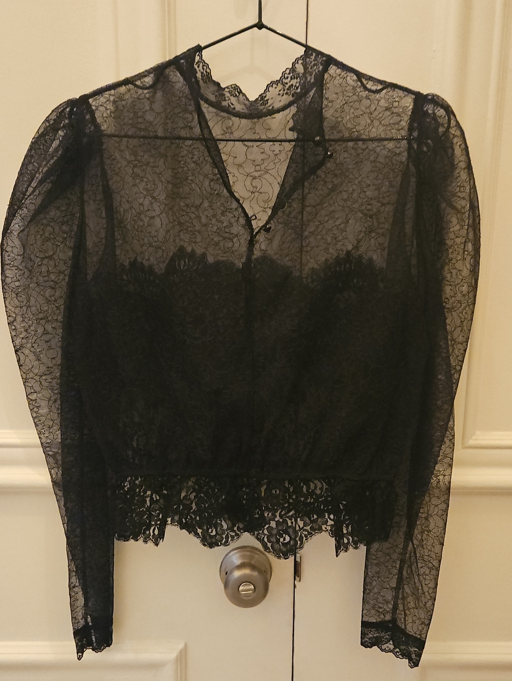 Black Lace Long-Sleeve Sheer Top - Small